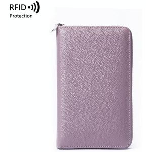 1659 Leather Belly Passport Bag RFID Long Wallet Men And Women Documents Package Multi-Function Zipper Mobile Phone Package(Lavender Purple)
