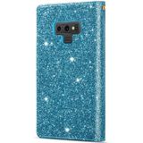 For Samsung Galaxy Note9 Multi-card Slots Starry Sky Laser Carving Glitter Zipper Horizontal Flip Leather Case with Holder & Wallet & Lanyard(Sky Blue)