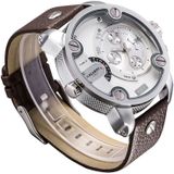 CAGARNY 6818 Fashionable DZ Style Large Dial Dual Clock Quartz Movement Sport Wrist Watch with Leather Band & Calendar Function for Men(Brown Band Silver Case)