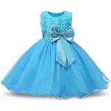 Blue Girls Sleeveless Rose Flower Pattern Bow-knot Lace Dress Show Dress  Kid Size: 120cm