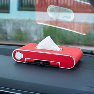 Car Dashboard Diamond Paper Towel Box with Temporary Parking Phone Number Card & Phone Holder & Clock(Red)