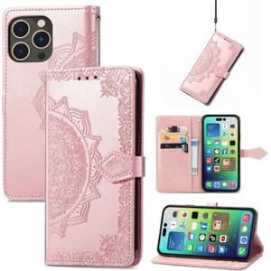 Voor iPhone 15 Pro Max lederen telefoonhoes met mandala-bloem in relif (rosgoud)