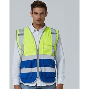 Multi-pockets veiligheids vest reflecterende workwear kleding  maat: L-Chest 118cm (geel blauw)