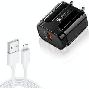 LZ-023 18W QC 3.0 USB Portable Travel Charger + 3A USB to 8 Pin Data Cable  US Plug(Black)