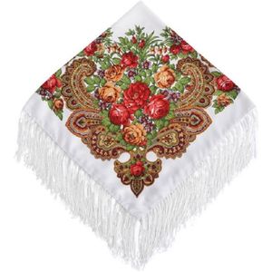 Red Flower on White Ethnic Style Retro Tassel Square Scarf Flower Pattern Headscarf Scarf  Size:90 x 90cm