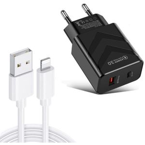 LZ-715 20W PD + QC 3.0 Dual-port Fast Charge Travel Charger with USB to 8 Pin Data Cable  EU Plug(Black)