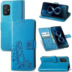 For Asus Zenfone 8 ZS590KS Four-leaf Clasp Embossed Buckle Mobile Phone Protection Leather Case with Lanyard & Card Slot & Wallet & Bracket Function(Blue)