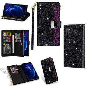 For Samsung Galaxy Note10 Multi-card Slots Starry Sky Laser Carving Glitter Zipper Horizontal Flip Leather Case with Holder & Wallet & Lanyard(Black)