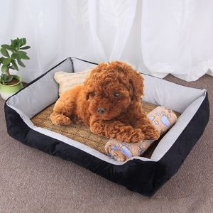 Dog Bone Pattern Big Soft Warm Kennel Pet Dog Cat Mat Blanket  with Rattan Mat & Blanket Size: S  60×45×15cm (Black Grey)