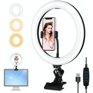 PULUZ 10.2 inch 26cm Ring Light + Monitor Clip USB 3 Modes Dimmable Dual Color Temperature LED Curved Diffuse Vlogging Selfie Photography Video Lights with Phone Clamp (Black)