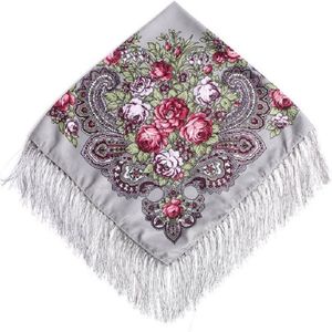 Gray Ethnic Style Retro Tassel Square Scarf Flower Pattern Headscarf Scarf  Size:90 x 90cm