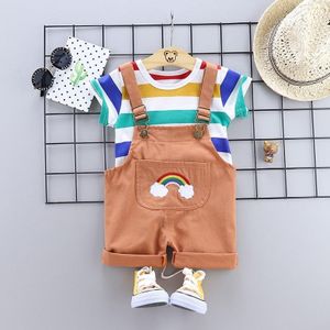 Summer Two-piece Baby Suspenders Suit Striped Short-sleeved Summer Dress (Color:Brown Size:80)