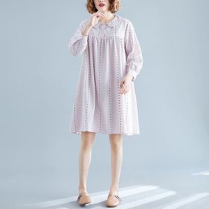 Large Size Loose And Thin Mid-length Linen Cotton Printed Dress (Color:Pale Pinkish Grey Size:L)