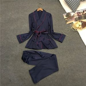 Bathrobe Pajamas Imitation Silk Pajamas Lapel Casual Silk Home Wear  Size:XL(Blue)