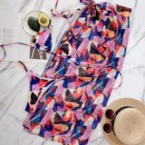 3 in 1 Square Print Pattern Bikini Ladies Split Swimsuit Set with Mesh Long Skirt (Color:As The Picture Shows Size:L)