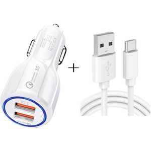 Qc3.0 Dual USB Car Charging + Type-C Fast Charging Cable Car Charging Kit(White)