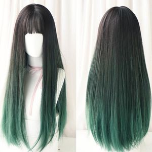 Gradient Color Long Straight Hair Wig Female Chemical Fiber Headgear Simulation Hair(Malachite Green Gradient 65CM)