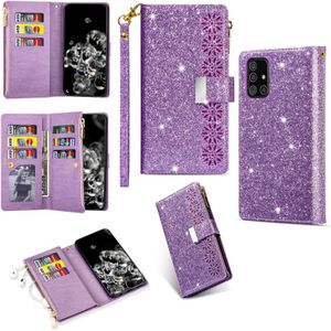 For Samsung Galaxy A81 / Note 10 Lite / M60s Multi-card Slots Starry Sky Laser Carving Glitter Zipper Horizontal Flip Leather Case with Holder & Wallet & Lanyard(Purple)