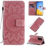 For Huawei P40 Pro Pressed Printing Sunflower Pattern Horizontal Flip PU Leather Case with Holder & Card Slots & Wallet & Lanyard(Pink)