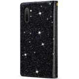 For Samsung Galaxy Note10+ Multi-card Slots Starry Sky Laser Carving Glitter Zipper Horizontal Flip Leather Case with Holder & Wallet & Lanyard(Black)