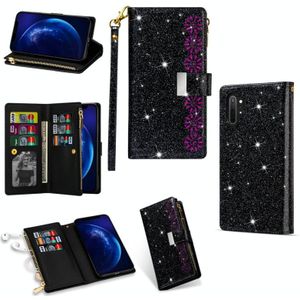 Voor Samsung Galaxy Note10+ Multi-card Slots Starry Sky Laser Carving Glitter Zipper Horizontale Flip Lederen Case met Holder & Wallet & Lanyard(Zwart)