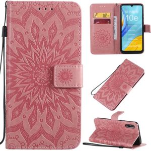 For Huawei Enjoy 10e Pressed Printing Sunflower Pattern Horizontal Flip PU Leather Case with Holder & Card Slots & Wallet & Lanyard(Pink)