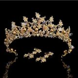 Luxury Pink Gold Pearl Bridal Crowns Handmade Tiara Bride Headband Crystal Wedding Diadem Queen Crown Wedding Hair Accessories(Gold With Earrings)