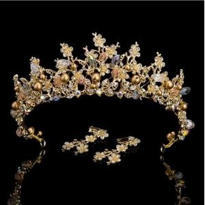 Luxury Pink Gold Pearl Bridal Crowns Handmade Tiara Bride Headband Crystal Wedding Diadem Queen Crown Wedding Hair Accessories(Gold With Earrings)