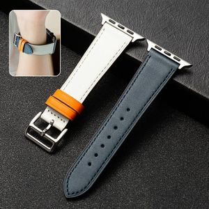 Business Cowhide Leather Strap Watchband For Apple Watch Series 6&SE&5&4 44mm / 3&2&1 42mm(Dark Blue White)