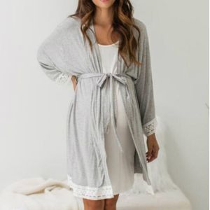 Solid Color Maternity Dress Lace Stitching Three-point Sleeves with Cardigan Breastfeeding Robes Pajamas  Size:S(Light Grey)