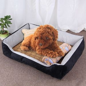 Dog Bone Pattern Big Soft Warm Kennel Pet Dog Cat Mat Blanket with Rattan Mat & Blanket Size: XXS  45×30×15cm (Black Grey)