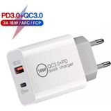 18W PD 3.0 Type-C / USB-C + QC 3.0 USB Dual Fast Charging Universal Travel Charger with USB to Type-C / USB-C Fast Charging Data Cable  EU Plug