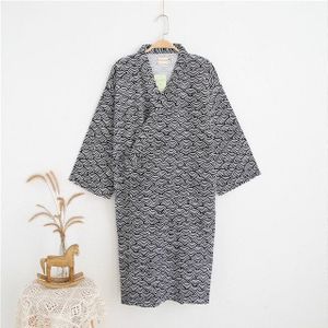 Man Pure Cotton Double-deck Bathrobe Kimono Pajamas Home Wear  Size: L(Navy)