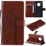 For Huawei Y9a Tree & Cat Pattern Pressed Printing Horizontal Flip PU Leather Case with Holder & Card Slots & Wallet & Lanyard(Coffee)