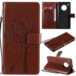 For Huawei Y9a Tree & Cat Pattern Pressed Printing Horizontal Flip PU Leather Case with Holder & Card Slots & Wallet & Lanyard(Coffee)