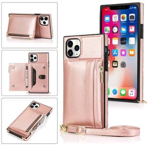 Square Zipper Wallet Bag TPU+PU Back Cover Case with Holder & Card Slots & Wallet & Cross-body Strap For iPhone 11 Pro(Rose Glod)