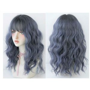 Women's Wool Long Hair With Bangs Natural Fluffy Wig  Color:Haze Blue (Black On Top ) 54CM