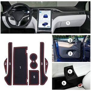7 in 1 Car Water Cup Gate Slot Mats Silicon Anti-Slip Interior Door Pad for Tesla Model X (Red)