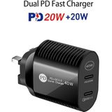 40W Dual Port PD / Type-C Fast Charger with Type-C to 8 Pin Data Cable  UK Plug(Black)
