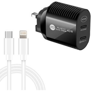 40W Dual Port PD / Type-C Fast Charger with Type-C to 8 Pin Data Cable  UK Plug(Black)