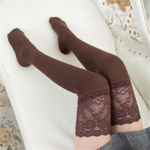 Lace Stockings Above The Knee Non-Slip Thigh Socks Cotton Vertical Stripe Socks(Coffee)