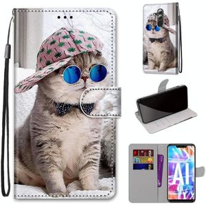 For Huawei Mate 20 Lite / Maimang 7 Coloured Drawing Cross Texture Horizontal Flip PU Leather Case with Holder & Card Slots & Wallet & Lanyard(B20 Slant Hat Blue Mirror Cat)