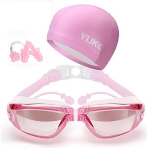 3 in 1 HD Waterproof and Anti-fog Large Frame Siamese Earplugs Swimming Goggles + Swimming Cap + Nose Clip Set for Men and Women(Pink)