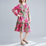 Large Size Loose And Thin Mid-length Linen Cotton Print Dress (Color:Rose Red Size:M)