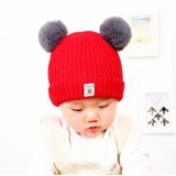 Autumn and Winter Children Cotton Double Ball Earmuffs Knitted Hat  Size:Without Cashmere(Red)