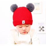 Autumn and Winter Children Cotton Double Ball Earmuffs Knitted Hat  Size:Without Cashmere(Red)