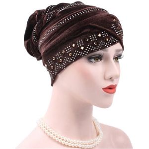 Pleuche Rhinestone Turban Hat Stacking Hat  Size:Adjustable(Dark Brown)