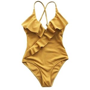 2 PCS Solid Color Sexy V-neck Ruffled Crossed Shoulder Straps One-piece Swimsuit  Size:L(Yellow)