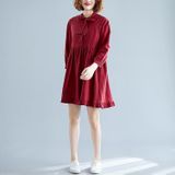 Loose Plus Size Linen Cotton Ruffle Dress (Color:Wine Red Size:XL)