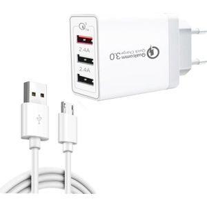 SDC-30W 2 in 1 USB to Micro USB Data Cable + 30W QC 3.0 USB + 2.4A Dual USB 2.0 Ports Mobile Phone Tablet PC Universal Quick Charger Travel Charger Set  EU Plug